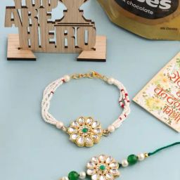 NVR Kundan Studded Floral Design Gold Toned Bhaiya Bhabhi Rakhi Combo-25