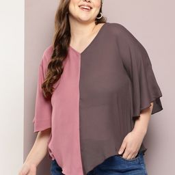 Qurvii+ Plus Size Colourblocked Flared Sleeves Top-57