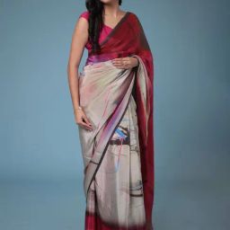 Zari Jaipur Grey & Maroon Printed Saree With Unstitched Blouse image 4