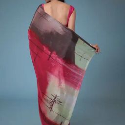 Zari Jaipur Grey & Maroon Printed Saree With Unstitched Blouse image 2
