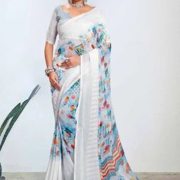 Saree Mall White & Blue Printed Saree With Unstitched Blouse-image-91