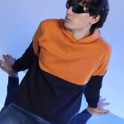 Campus Sutra Blue & Yellow Cotton Regular Fit Colour Block Hooded Sweatshirt-9