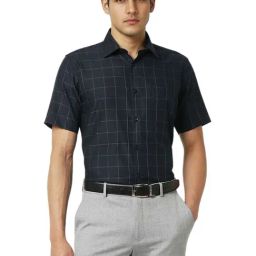 Van Heusen Navy Cotton Regular Fit Checks Shirt-image-54