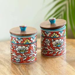 ExclusiveLane Mughal-e-Zahra Red & Brown Ceramic Air-Tight Storage Container - Set of 2-4