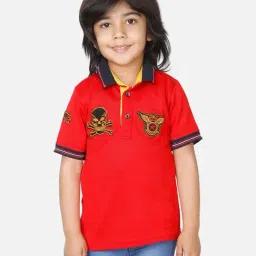 Fourfolds Kids Red Printed Regular Fit Polo T-Shirt-picture-40