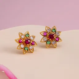 Kushal's Fashion Jewellery Gold-Plated Floral Shaped Ruby Antique Studs Earrings-image-36
