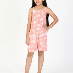 Budding Bees Kids Peach Floral Print T-Shirt with Shorts-image-79