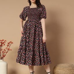 ZWERLON Floral Print Puff Sleeve A-Line Midi Dress-image-34