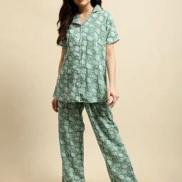 Secret Wish Green Floral Print Shirt With Pyjamas-picture-26