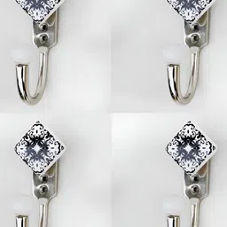 IndianShelf Silver-Toned & Black 4 Pieces Floral Printed Ceramic Wall Hooks-6