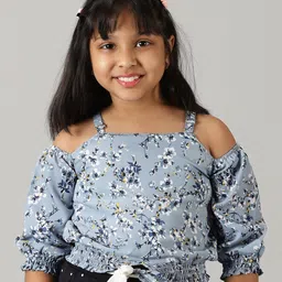 Kiddopanti Cold Shoulder Three Fourth Seamless Floral Printed Smocked Waist Top - Light Blue-picture-17