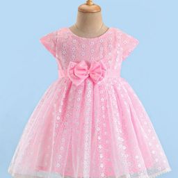 Babyhug Woven Half Sleeves Party Frock With Floral Embroidery & Bow Applique - Pink-picture-45