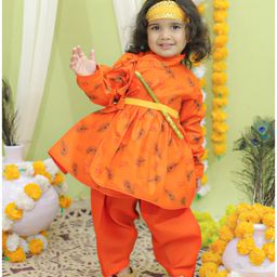 BownBee Janmashtami Theme  Full Sleeves Peacock Feather Printed Angrakha Kurta Dhoti Krishna Costume Set -  Orange-image-31