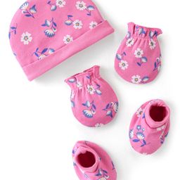 Babyhug 100% Cotton Knit Floral Printed Cap Mittens & Booties - Pink-18