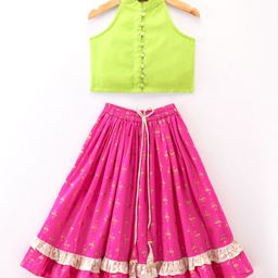 Twisha Sleeveless Incut Style Solid Top & Flamingos Foil Printed Ghagra - Lime Green & Pink-image-91