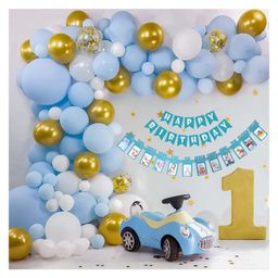 Bubble Trouble 1st Birthday Decoration Items Kit for boys with blue theme Set of 63 Items Blue white & gold Pack of 63-56