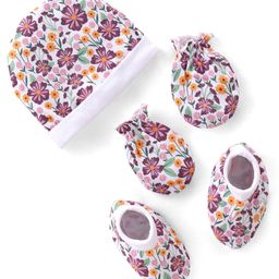 Babyhug 100% Cotton Knit  Cap Mittens & Booties Set Floral Print - Multicolour-image-102