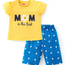 Babyhug Cotton Knit Half Sleeve Capri Night Suit With Text Print - Yellow & Blue-picture-23