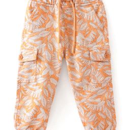 Babyhug Cotton Lycra Woven Full Length Stretchable Tropical Print Pant - Light Orange-image-50
