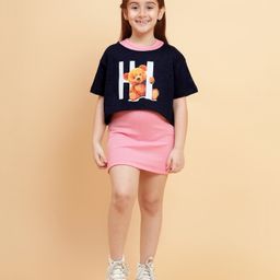 Little Marine Half Sleeves Teddy Bear Printed Top With Solid Dress - Blue & Pink-image-58