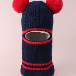 Babyhug Pom Pom Monkey Cap with Cable Knit Design - Navy Blue-image-92
