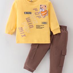 Child World Cotton Knit Full Sleeves T-Shirt & Lounge Pants Set With Teddy Print - Gold-image-9