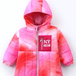 Babyhug Full Sleeves Front Open Padded Hooded Jacket with Tie & Dye Design & Text Print Detailing - Pink-image-11