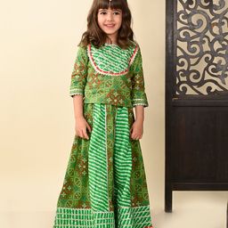 Superminis Three Fourth Sleeves Gota Lace Detailed Bandhani Designed Ethnic Lehenga Choli Set - Green-image-28