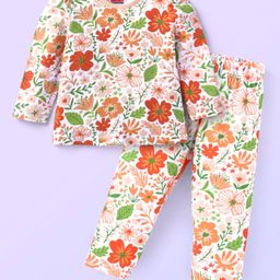 Babyhug Cotton Knit Full Sleeves Night Suit Floral Print -Peach-image-68