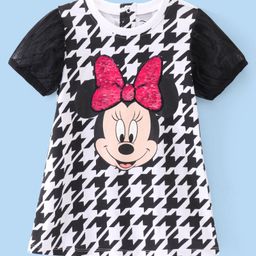 Babyhug Disney Cotton Knit Half Mesh Detailed Sleeves Frock With Mickey Mouse Graphics & Sequins Detailing - Black & White-image-66