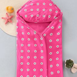 Babyhug Cotton Interlock Floral PrintHooded Wrapper L 75 x B 72.5 cm - Dark Pink-picture-4