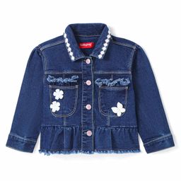 Babyhug Denim Washed Full Sleeves Jacket With Pockets & Floral Applique - Navy Blue-image-64