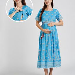 Dummy Shape Viscose Rayon Half Sleeves Abstract Printed Maternity Anarkali Dress With Nursing Access - Sky Blue-image-23