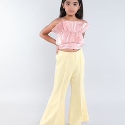 Taffykids Sleeveless Ruffles Detailed Shimmered Party Crop Top With Bell Bottom Pant Set - Pink & Yellow-image-1