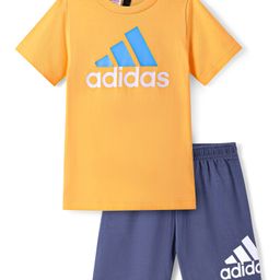 Adidas Kids Cotton Knit Half Sleeves T-Shirt & Shorts Set Logo Print - Orange & Blue-image-61