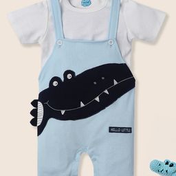 Nauti Nati Cotton Crocodile Printed & Applique Detailed Dungaree With Half Sleeves Solid Tee - Blue-image-126