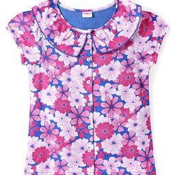 Babyhug Rayon Woven Half Sleeves Peter Pan Collard Top with Floral Print - Blue-picture-14