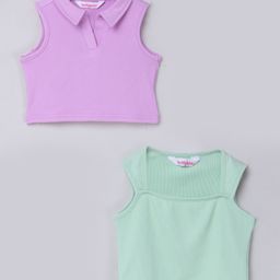 Taffykids Half Sleeves Pack Of 2 Solid Collar & Square Neck Detailed Crop Tops - Purple & Green-image-87