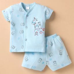 Tango Single Jersey Knit Front Open Half Sleeves Innerwear Sets With Animal Print - Light Blue-image-0