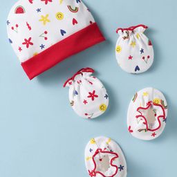 Ben Benny 100% Cotton Knit Cap Mitten & Booties Set With Fruits & Rainbow Print Red - Diameter 10 cm-picture-23