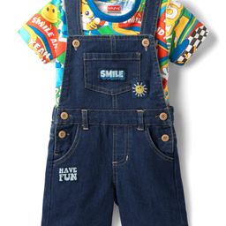 Babyhug Single Jersey Knit Dunagaree & Half Sleeves T-Shirt Set With Animal Print - Navy Blue-image-27