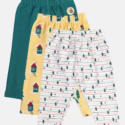 MINI KLUB Cotton Pack Of 3 Striped & Houses Printed Pants - Yellow & White-image-94
