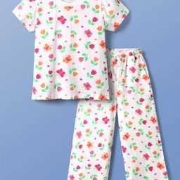 Pine Kids Single Jersey Knit Half Sleeves Co-ords Night Suit With Floral Print - White-picture-6