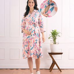 Bella Mama Woven Three Fourth Sleeves Maternity Shirt Dress With Floral Print - Pink-image-99