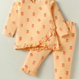 Tango Single Jersey Knit Full Sleeves Co-ords Night Suit with Floral Print & Frill Detailing - Yellow-image-54