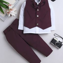 Fourfolds Woven Full Sleeves Solid 3 Piece Party Suit Set With Bow - Wine-image-36