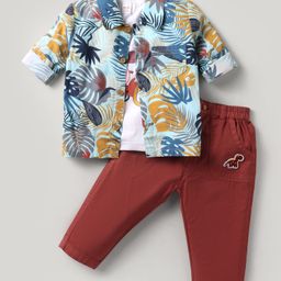WOW Clothes Sinker Knit Full Sleeves Shirt & Trouser Set With T-Shirt & Leaf Print - Maroon-picture-16