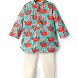 Exclusive from Jaipur Cotton Woven Full Sleeves Floral Embroidered & Printed Kurta Pyjama Set - Aqua Blue & White-image-42