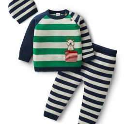 Babyhug Organic Cotton Knit Full Raglan Sleeves Pullover Striped Sweater Set with Cap & Patch Detailing - Navy Blue & Green-image-74
