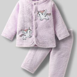 Babyhug Velour Knit Full Sleeves Winterwear Night Suit with Unicorn Applique - Lavender-picture-35